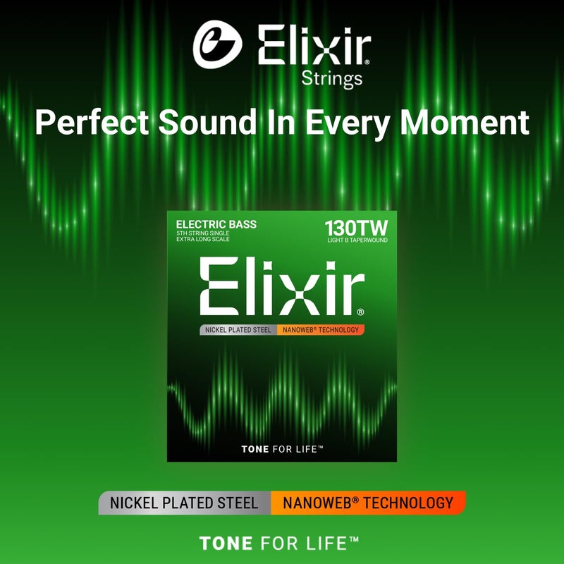 ElixirÂ® Strings Nickel Plated Steel with NANOWEBÂ® Coating, Custom Bass 5th String Single, Light B, Extra Long Scale TaperWound (.130tw) - Image 2